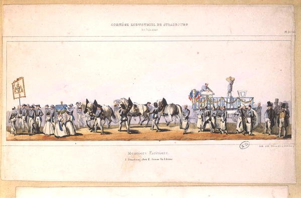 Procissão dos Meuniers-Fariniers (Millers) em Estrasburgo, 25 de Junho de 1840 (cor litho) de School French