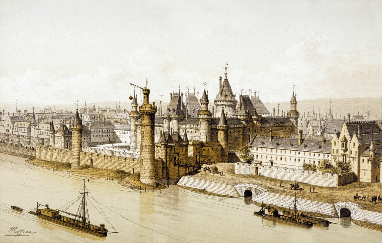 O Palácio do Louvre durante o reinado do Rei Carlos V (gravura a cores) de School French