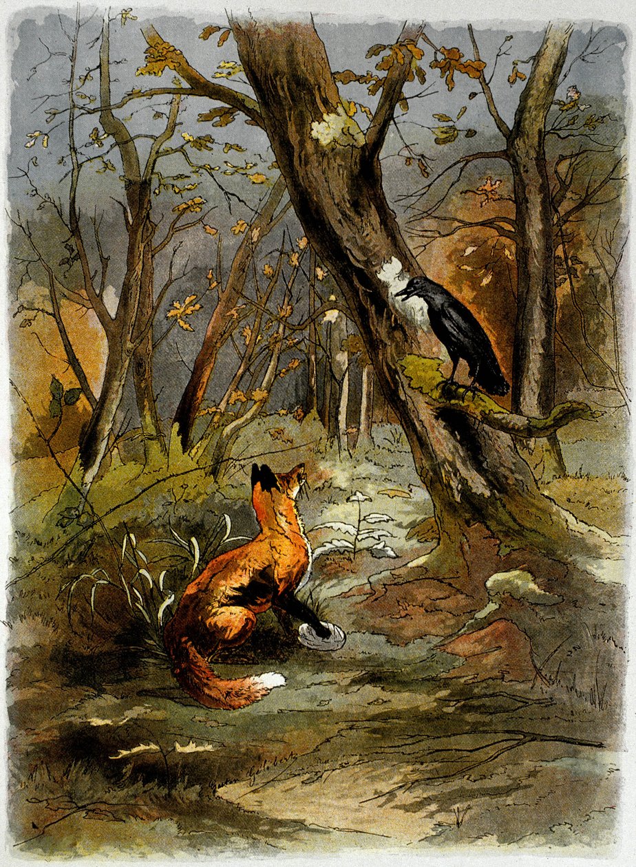 O Corvo e a Raposa, de "As Fábulas de La Fontaine" (gravura) de School French