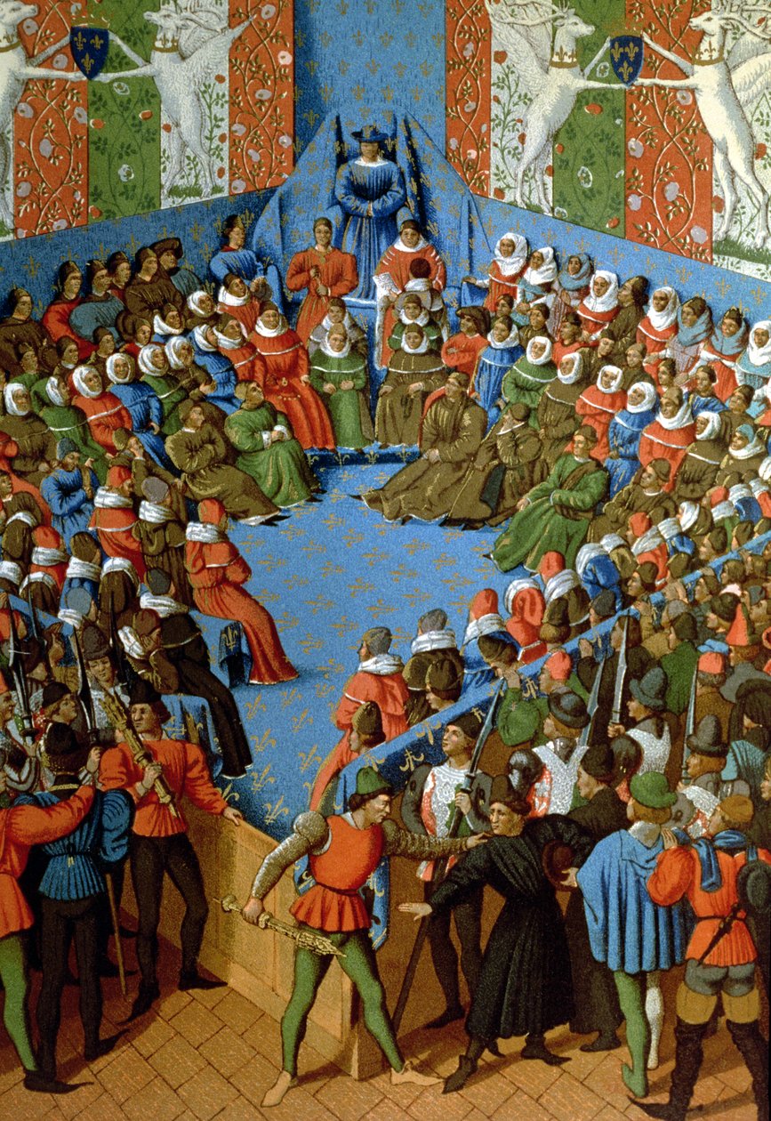 Veredicto sobre Jean, Duque de Alençon, acusado de ter conspirado com os ingleses contra os franceses, fac-símile de um manuscrito do século XV de Jean Fouquet (lito colorido) de School French
