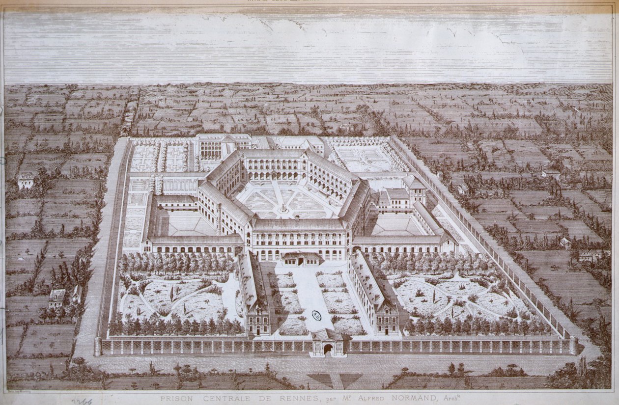 Vista da prisão de Rennes para mulheres projetada pelo arquiteto Alfred Normand, publicada pela Intime-Club, Paris de School French