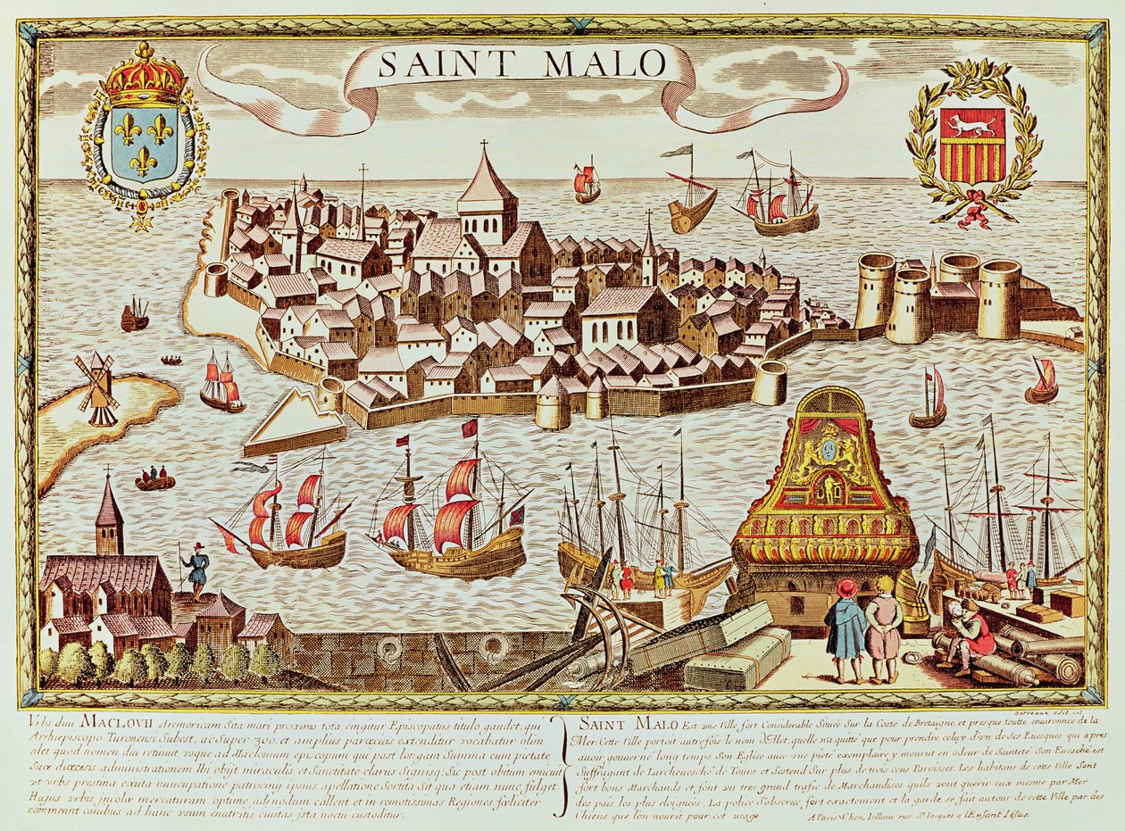 Vista do porto e da cidade fortificada de Saint Malo, localizada na costa da Bretanha de School French