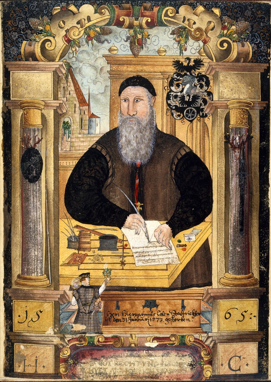 Adicionar 15217 fol.1 Retrato de Jerome Coeler o Ancião (d.1573) de uma colecção de memórias da Família Coeler, Nuremberga de School German