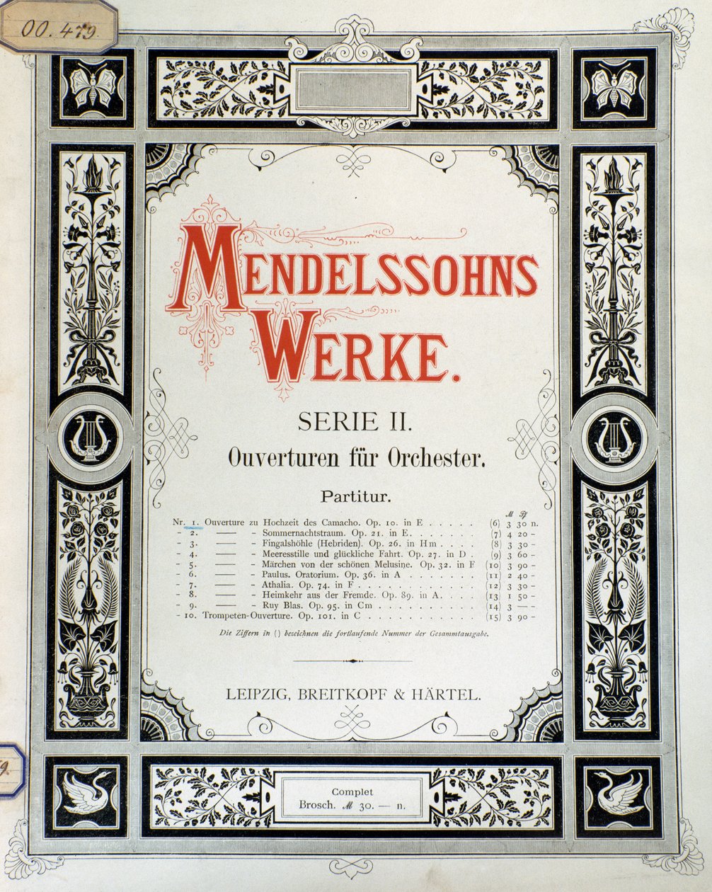 Capa da partitura "Ouverture Op. 10 para orquestra" de Felix Mendelssohn (cor litho) de School German