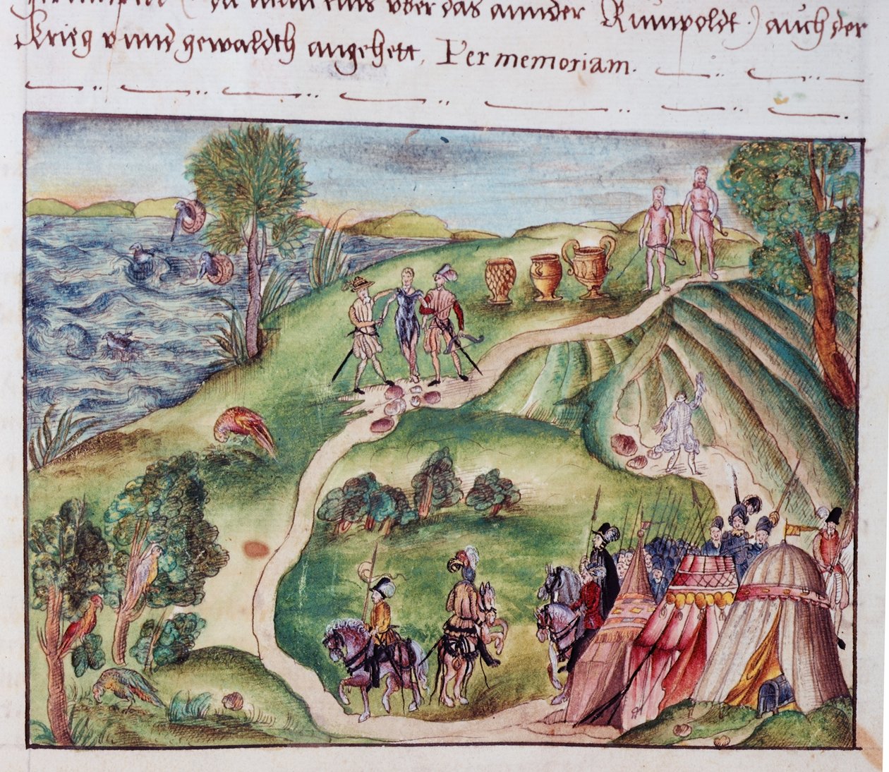 MS Add.15217 fol.40 Uma paisagem venezuelana com um acampamento espanhol, de uma coleção de memórias da Família Coeler, Nuremberg de School German