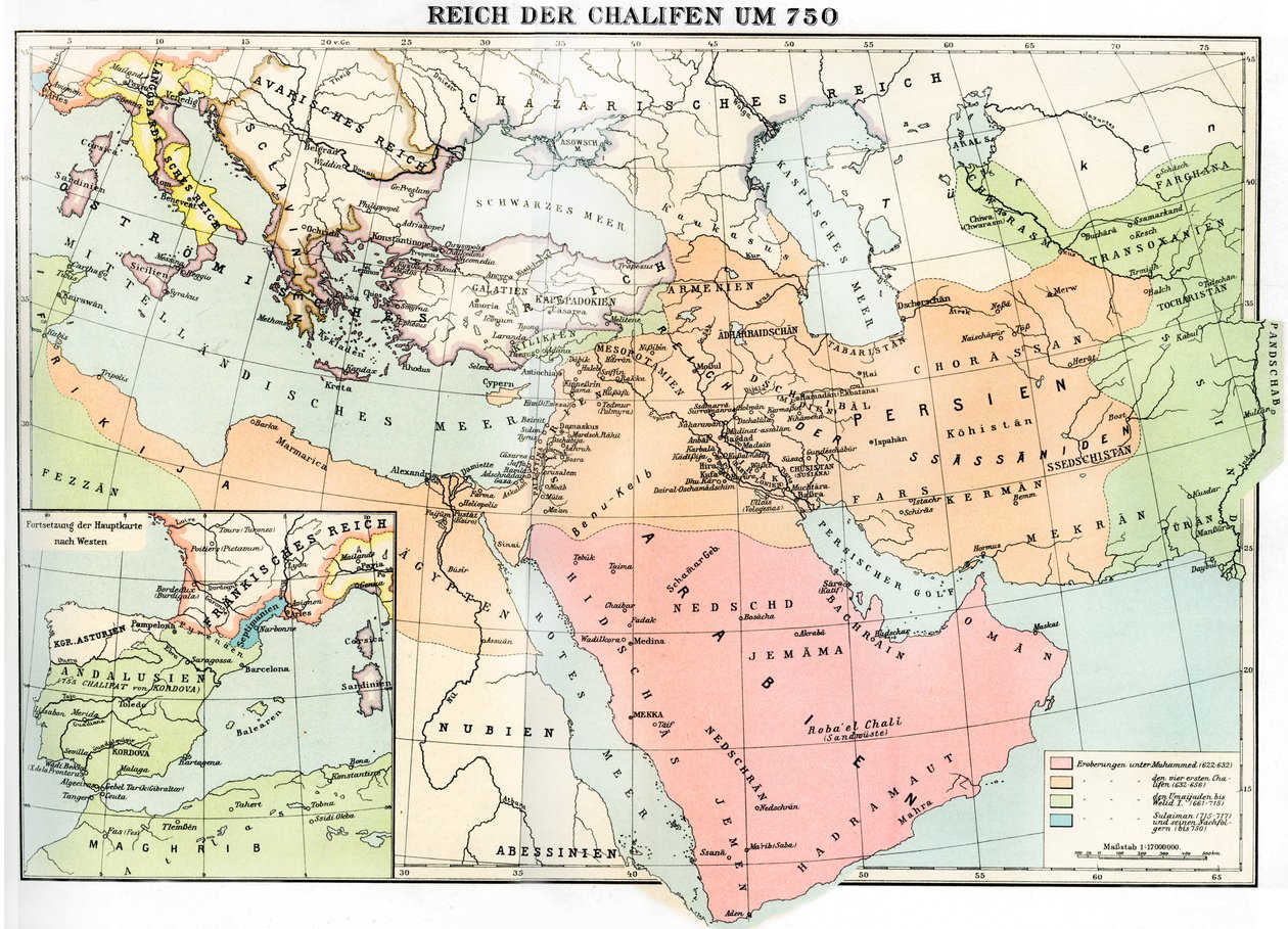 Mapa do Império Califa em 750, de "Weltgeschichte" de Julius von Pflugk-Harttung de School German