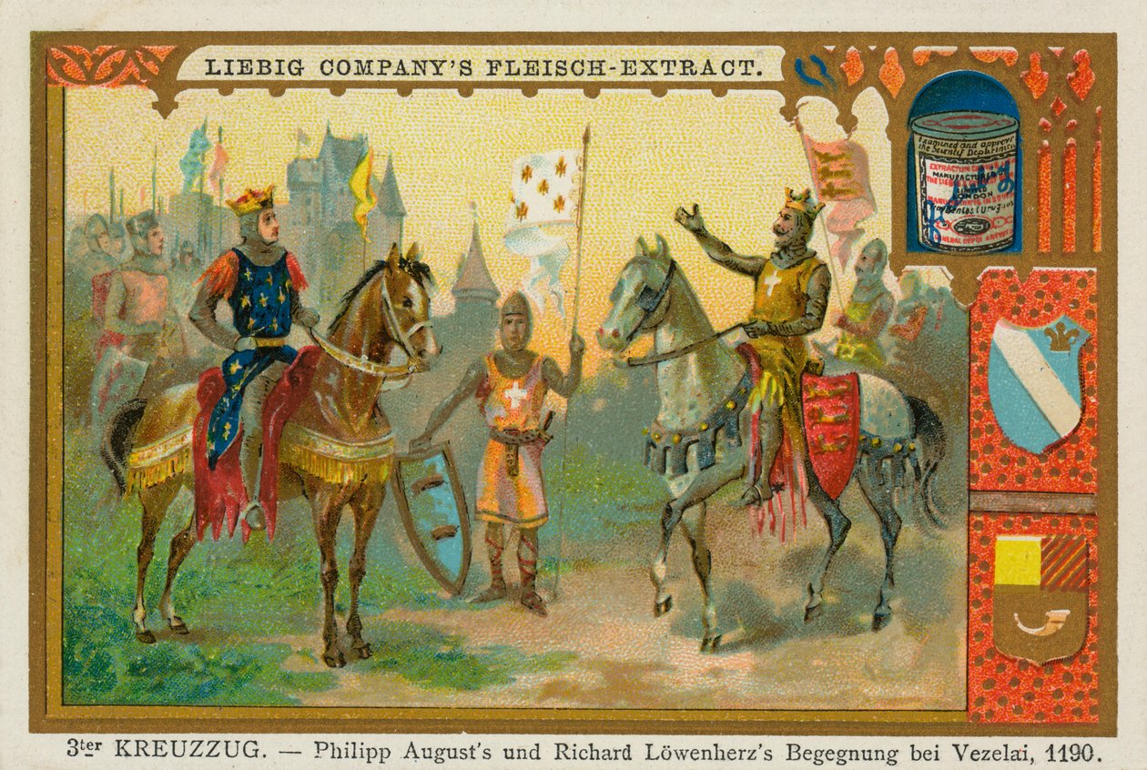Filipe II Augusto e Ricardo Coração de Leão em Vézelay, Terceira Cruzada, Cartão Liebig (gravura) de School German