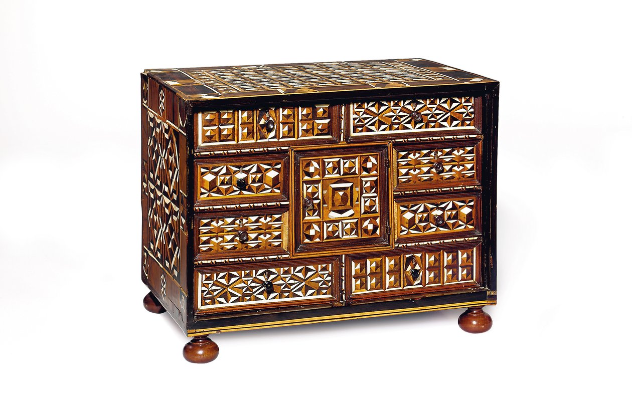 Armário de mesa de marchetaria da Alemanha do Sul (ébano, marfim, nogueira e madeira de frutas) de School German