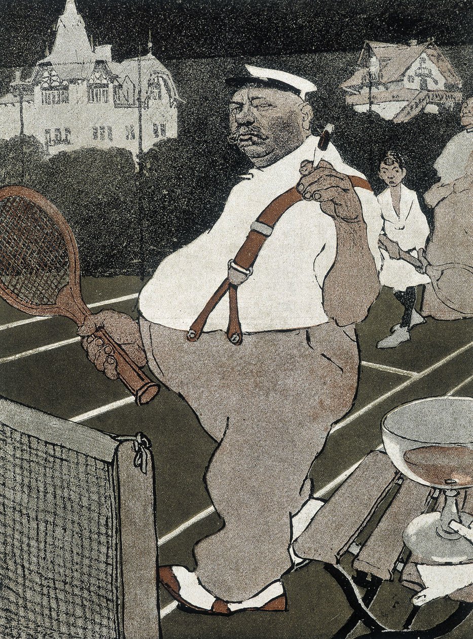 Ténis: homem gordo, fumar e beber álcool, jogar ténis - cartoon alemão de School German