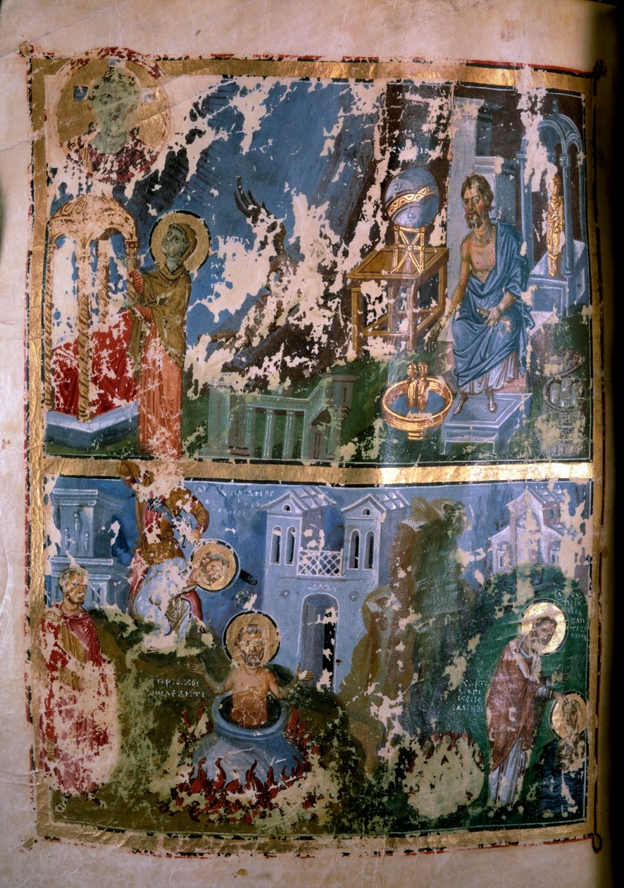 Cenas da vida de São Cipriano. Miniatura em "Homelies". Orationes" de São Gregório de Bizâncio de Nazianze (ou nazismo) (328-390), 879-882. Manuscrito em grego. Paris, NL de School Greek