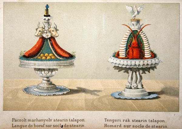 Design para a apresentação da língua de boi numa cama de estearina e para lagosta, ilustração de um livro de cozinha húngara sobre cozinha francesa, c.1880 (cor litho) de School Hungarian