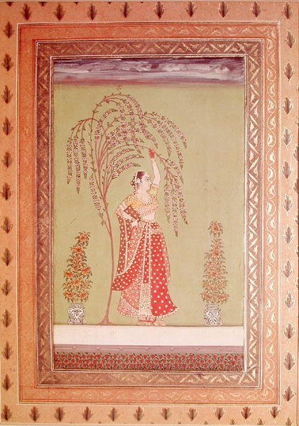 Uma mulher debaixo de uma árvore (guache no papel) de School Indian