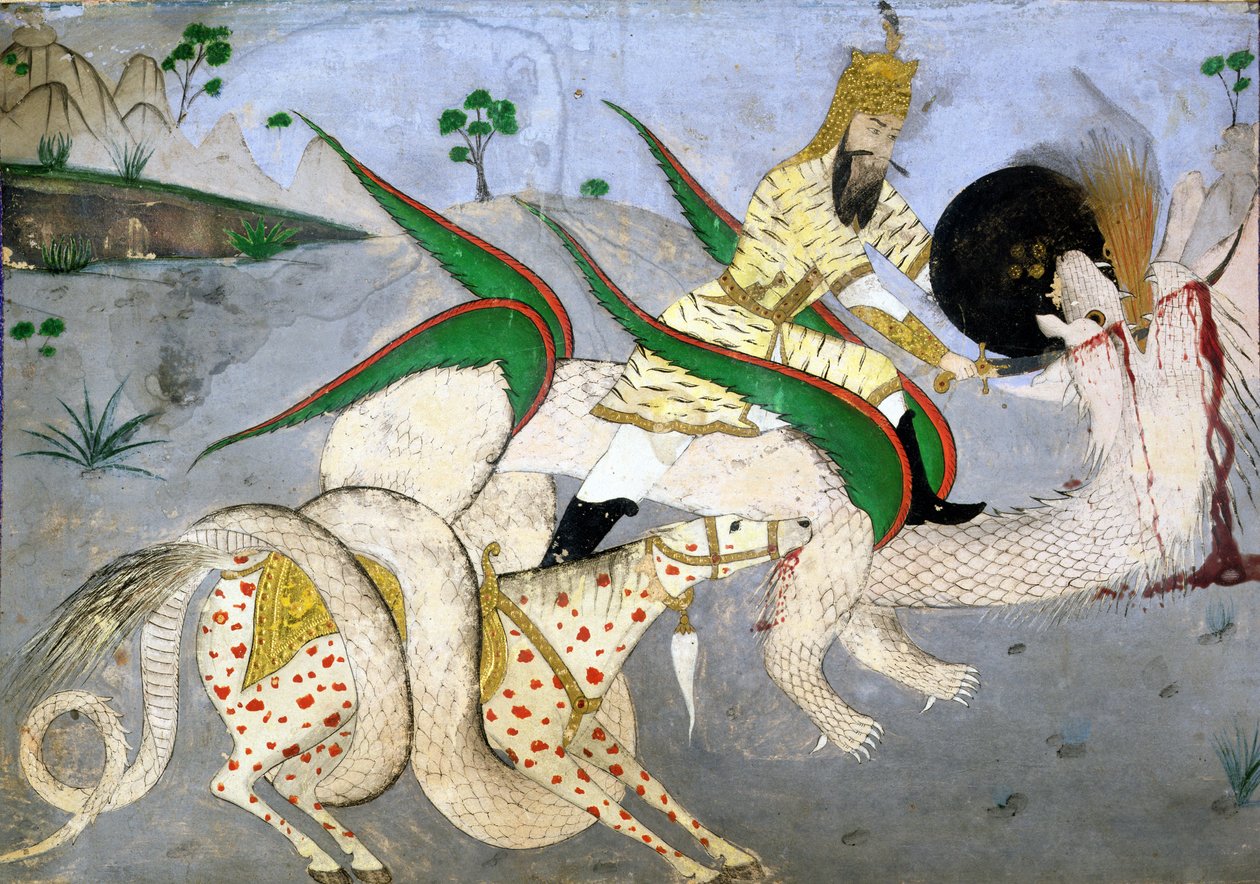 Um guerreiro montado a atacar um dragão, ilustração de um livro sobre místicos indianos (tinta sobre papel montado sobre cartão) de School Indian