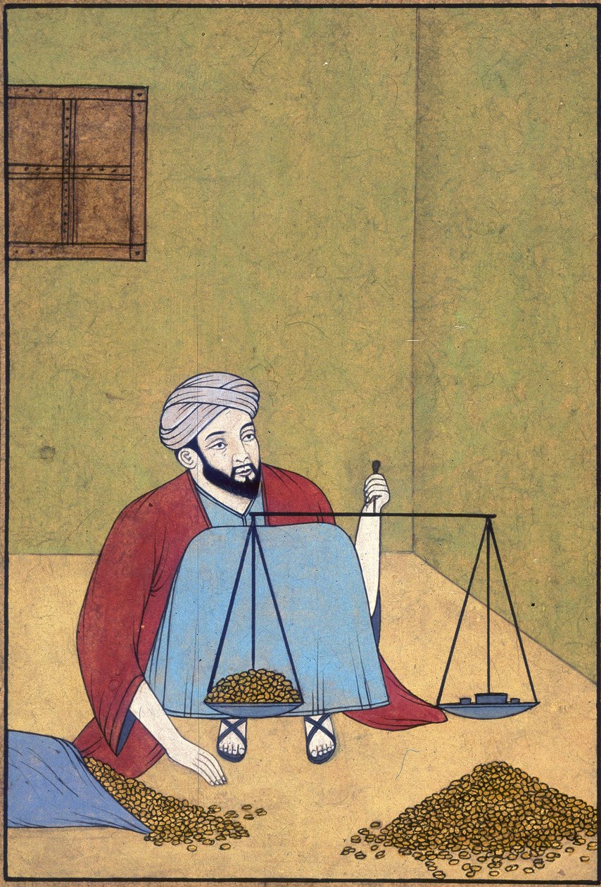 Adicionar ou 3183 A shroff pesando moedas, c.1910 (aquarela sobre papel) de School Indian