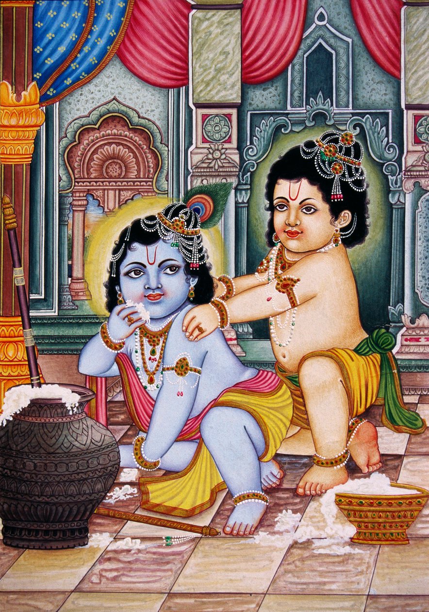 Bal Krishna com Balram Pintura em miniatura sobre papel de School Indian