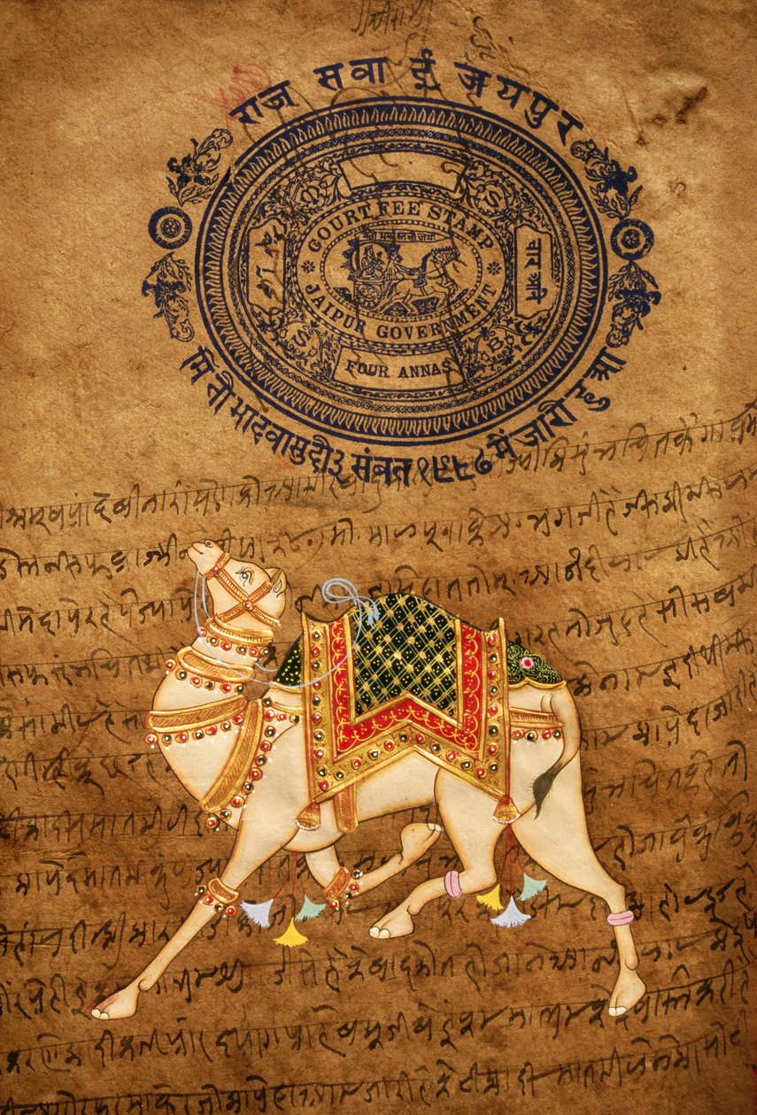 Camelo, pintura feita à mão e papel de carimbo antigo, Jaipur, Rajastão, Índia de School Indian