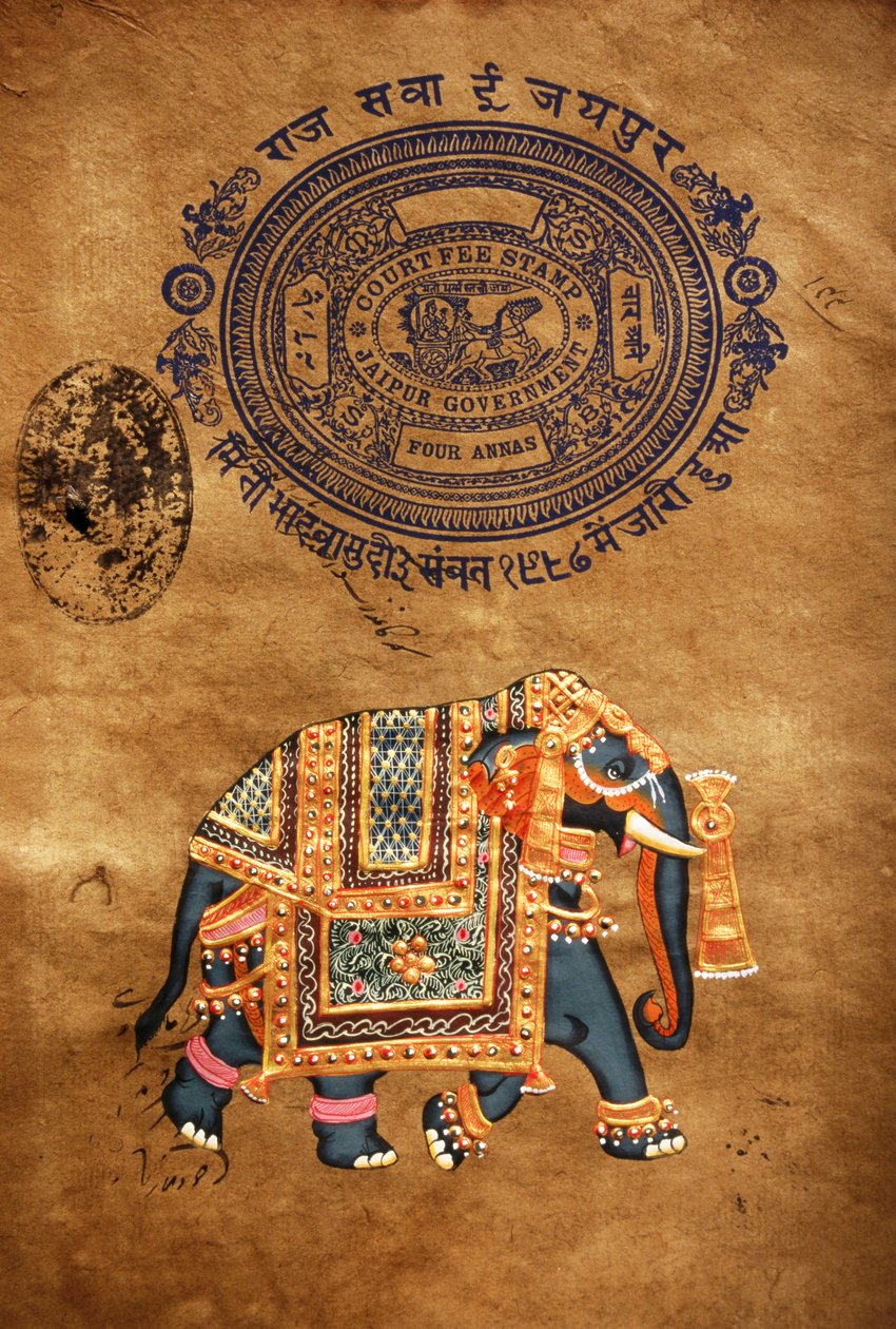 Elefante, pintura feita à mão e papel de carimbo antigo, Jaipur, Rajastão, Índia de School Indian