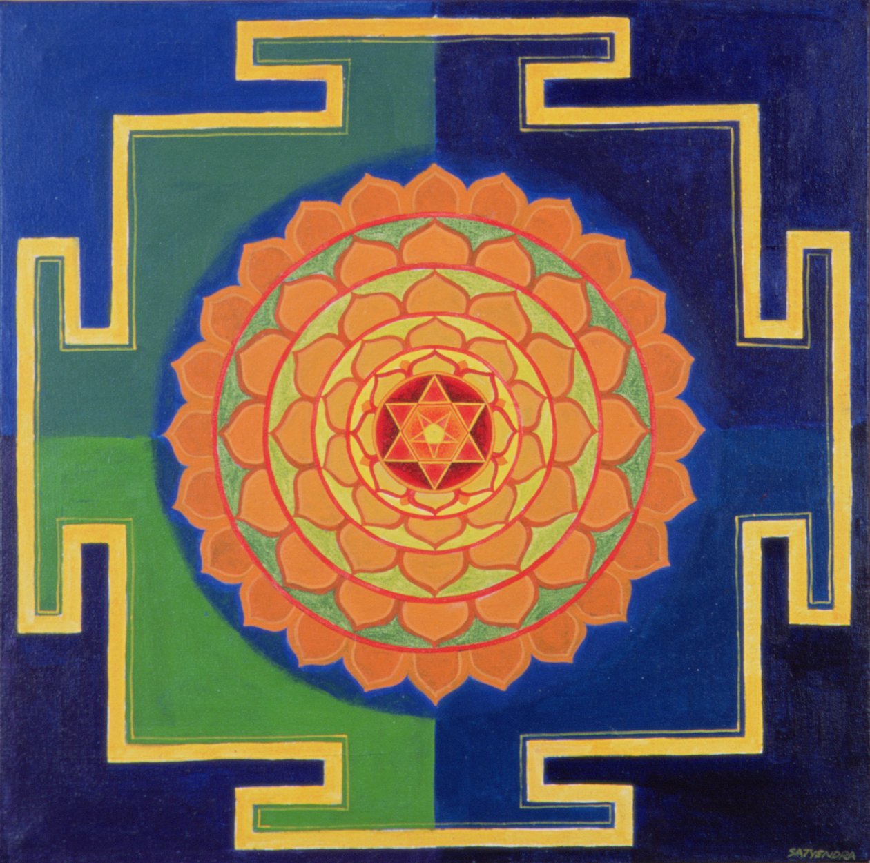 Desenho de Gayatri Yantra (pigmento sobre cartão) de School Indian