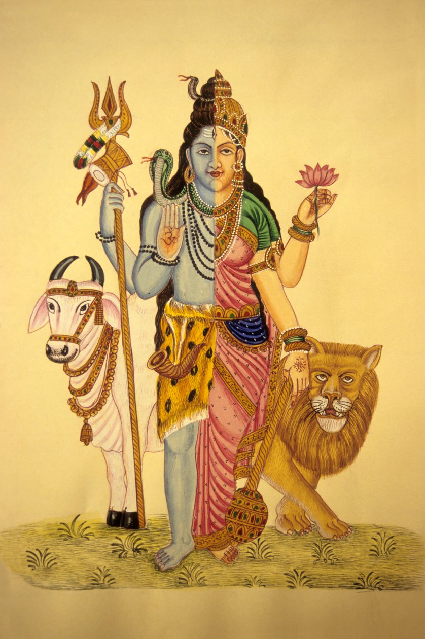 Deus Shiva em Ardnarees Wear Roop, pintura em miniatura sobre papel de School Indian