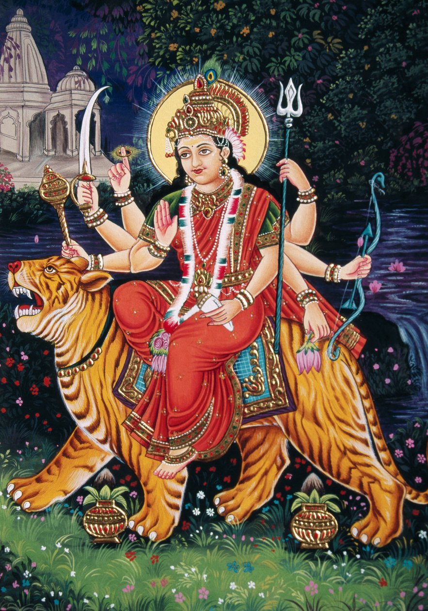Deusa Durga Pintura em miniatura sobre papel com bordado de School Indian