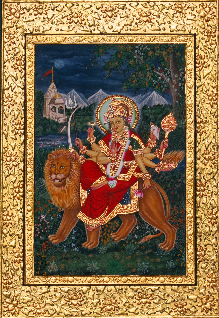 Pintura em miniatura da Deusa Durga com moldura dourada de School Indian