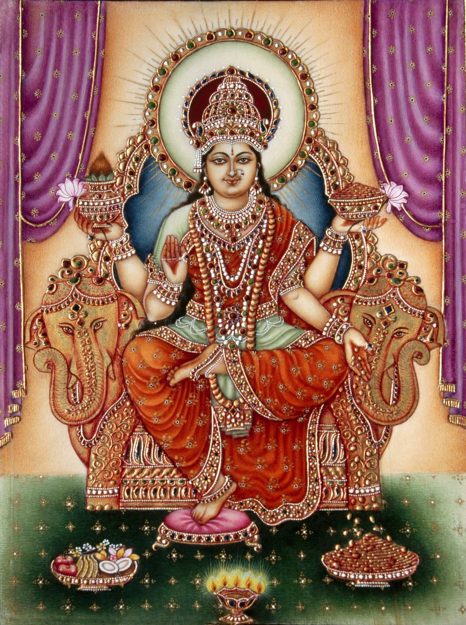 Pintura em miniatura da Deusa Lakshmi sobre marfim de School Indian