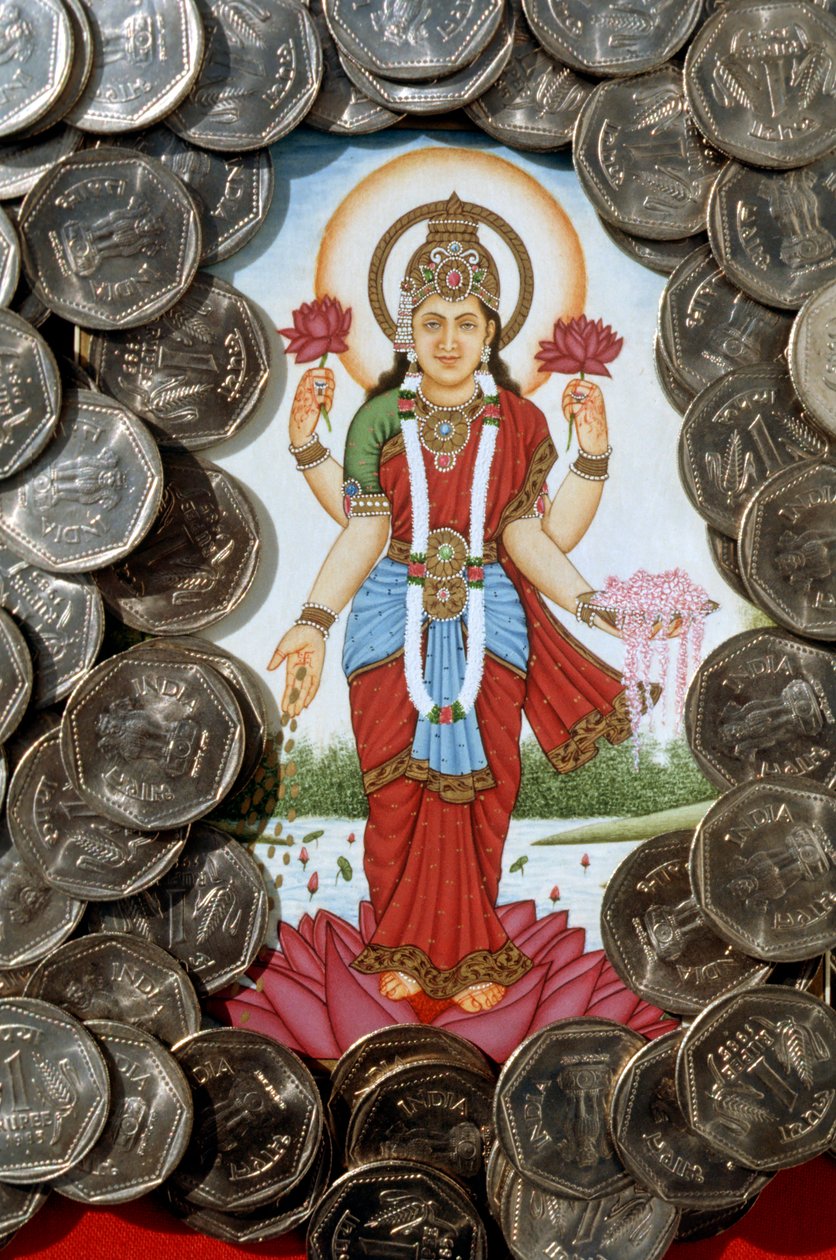 Deusa Lakshmi e moedas de uma rupia de School Indian