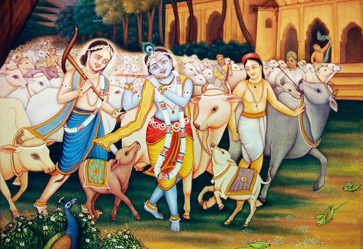 Krishna e Balram com pintura em miniatura de Gopal de School Indian