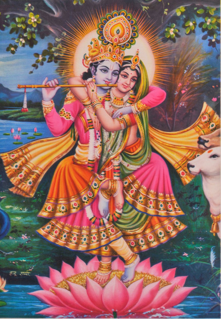 Krishna e Radha (litografia a cores) de School Indian