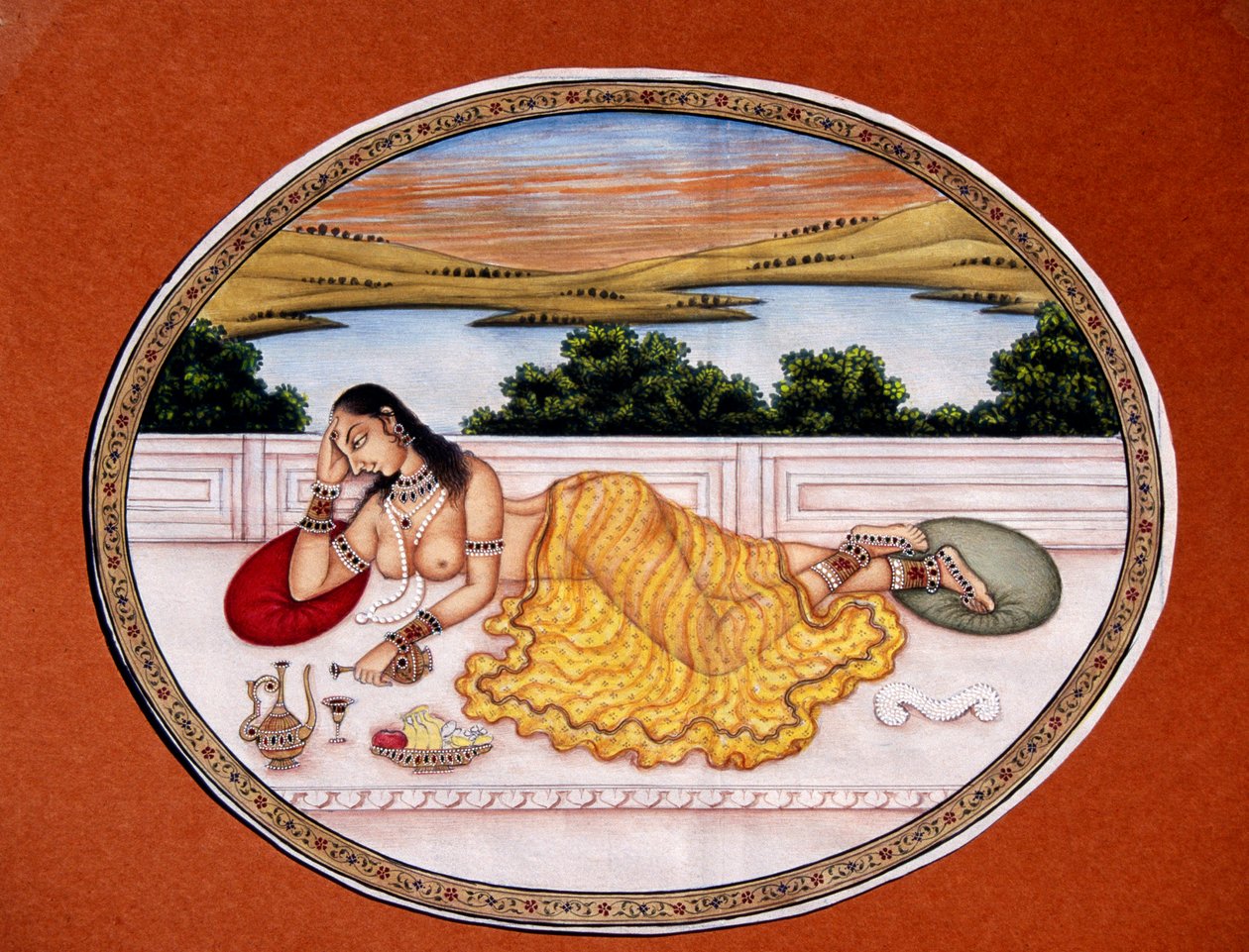 Senhora a saborear uma bebida Pintura em miniatura sobre papel de School Indian
