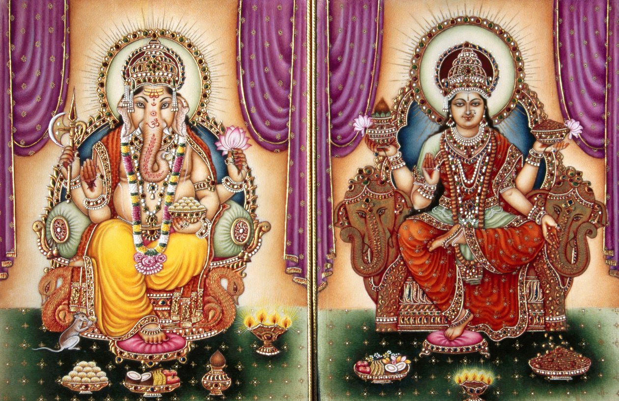 Senhor Ganesh Deusa Ganpati e Lakshmi Pintura em miniatura sobre marfim de School Indian