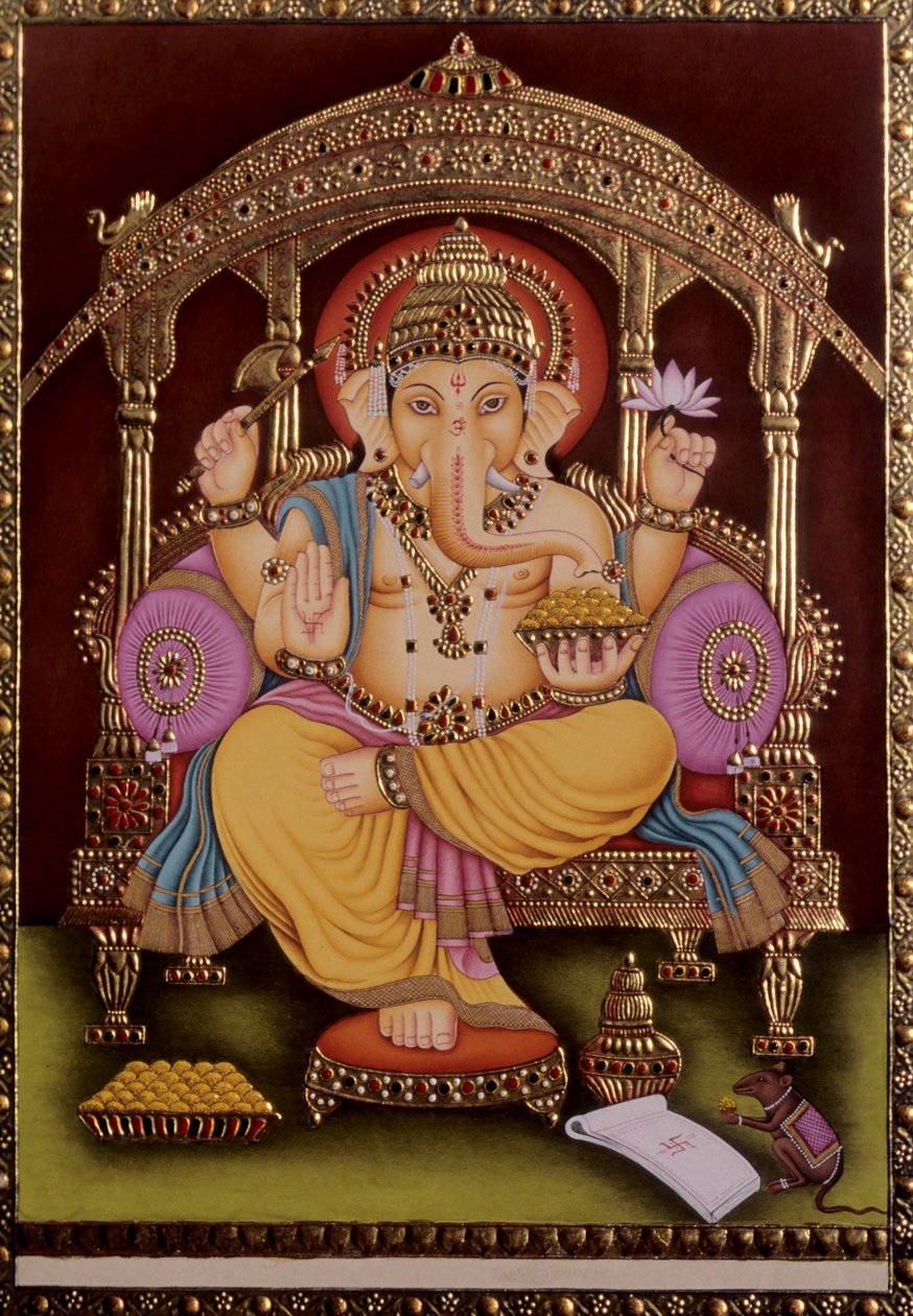 Lord Ganesh Ganpati Pintura em miniatura sobre papel com relevo dourado de School Indian