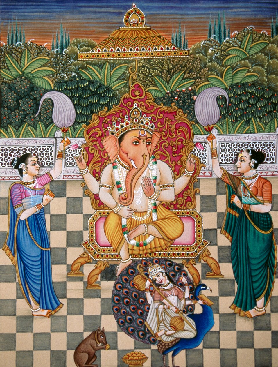 Lord Ganesh Ganpati Riddhi e Siddhi Pintura em miniatura sobre papel de School Indian