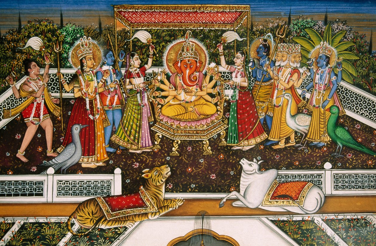 Senhor Ganesh Ganpati com Brahma, Vishnu, Shiva, Durga, Pintura em miniatura sobre papel de School Indian
