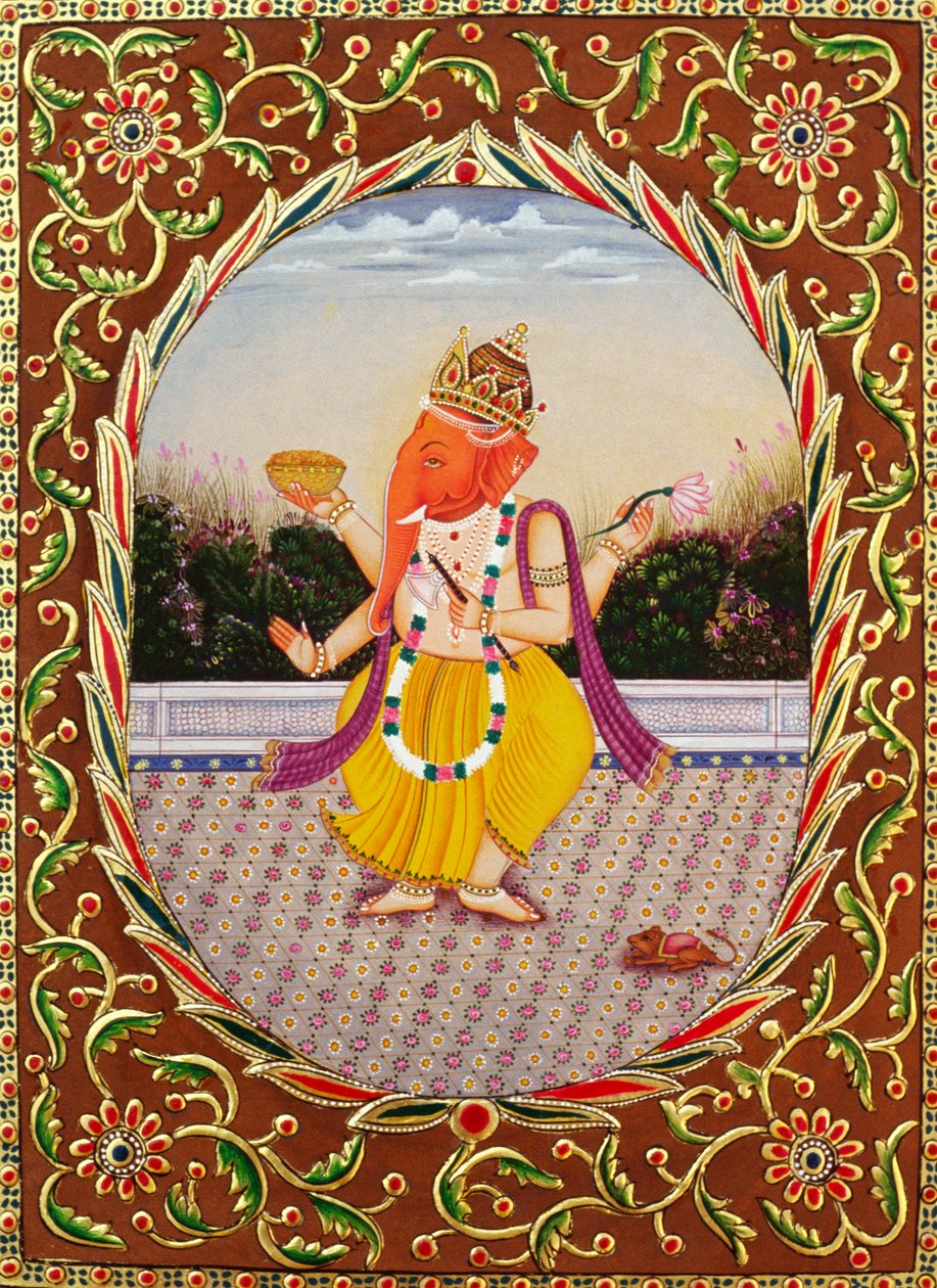 Lord Ganesha Ganpati Pintura em miniatura sobre papel com bordado de School Indian