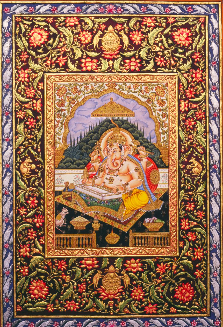 Lord Ganesha Ganpati Pintura em miniatura sobre papel com relevo dourado de School Indian