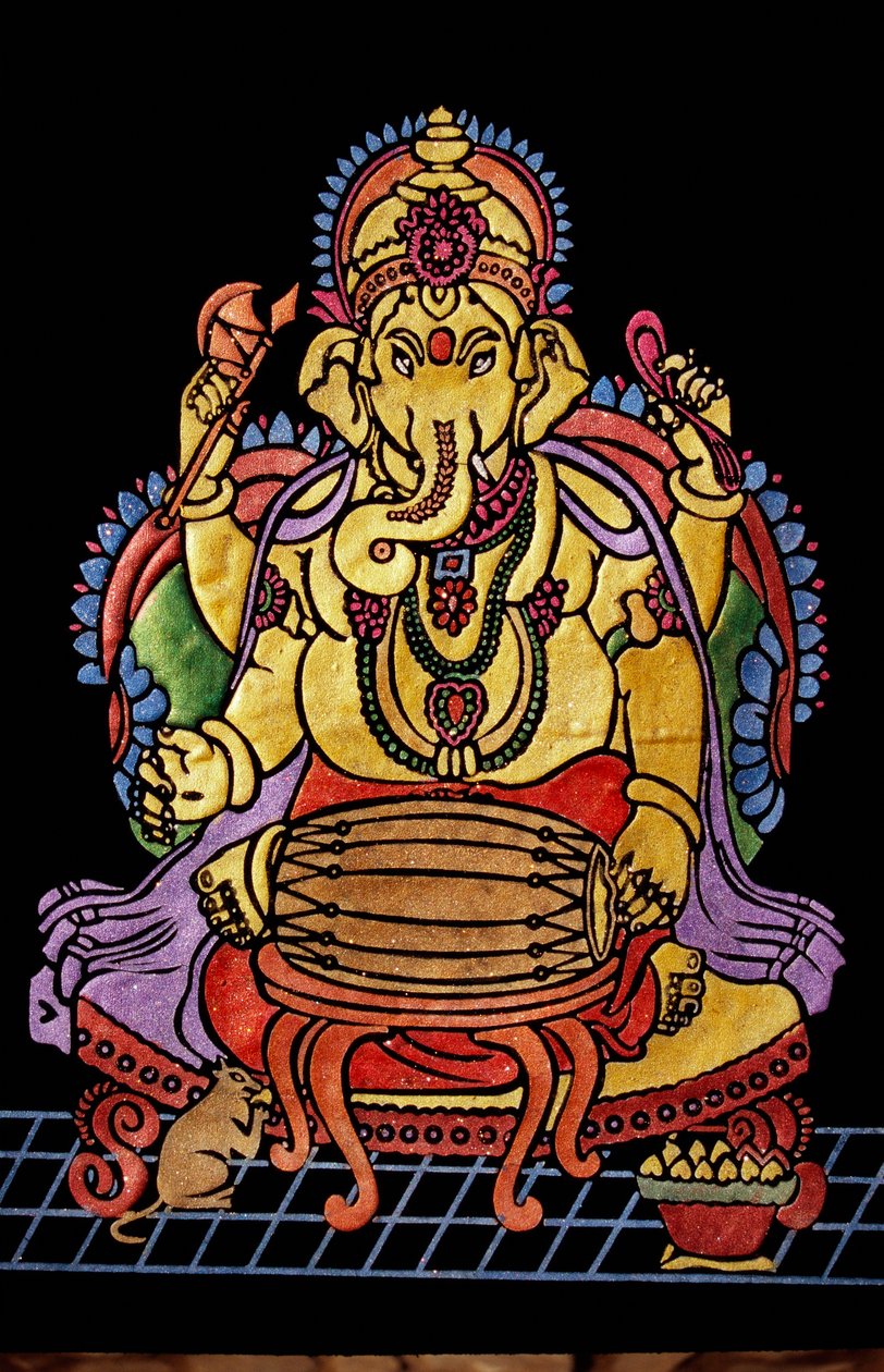 Lord Ganesha Ganpati tocando instrumento musical Trabalho de bordado de School Indian