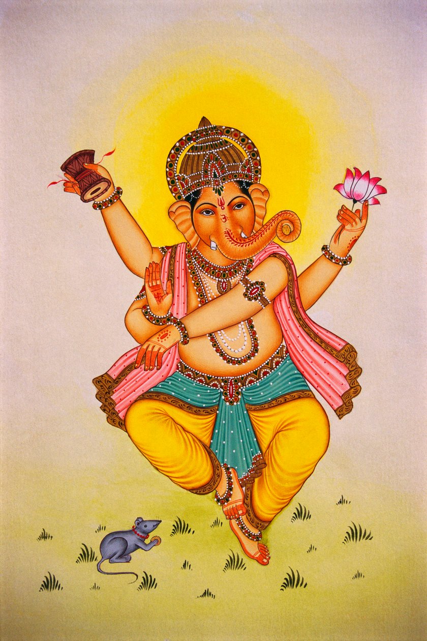 Ganpati do Senhor Ganesha em atitude de dança Pintura em miniatura sobre papel de School Indian