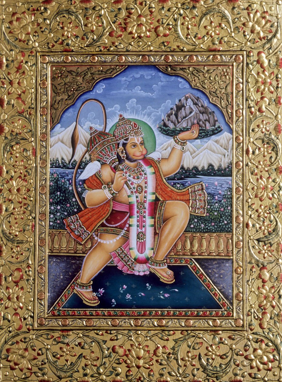 Senhor Hanuman Pintura em miniatura sobre papel com bordado a ouro de School Indian