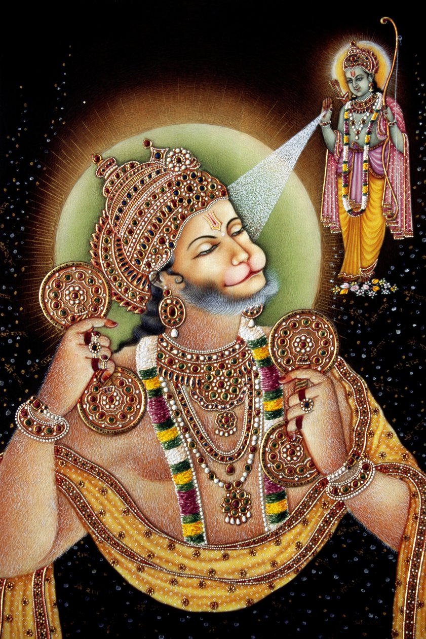 Senhor Hanuman e Rama Pintura em miniatura sobre papel de School Indian