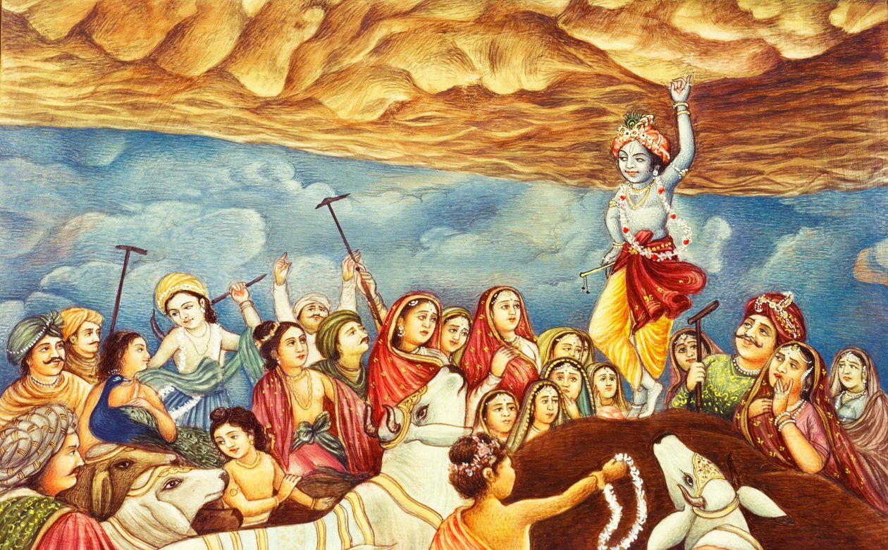 Pintura em miniatura do Senhor Krishna a levantar a montanha de School Indian