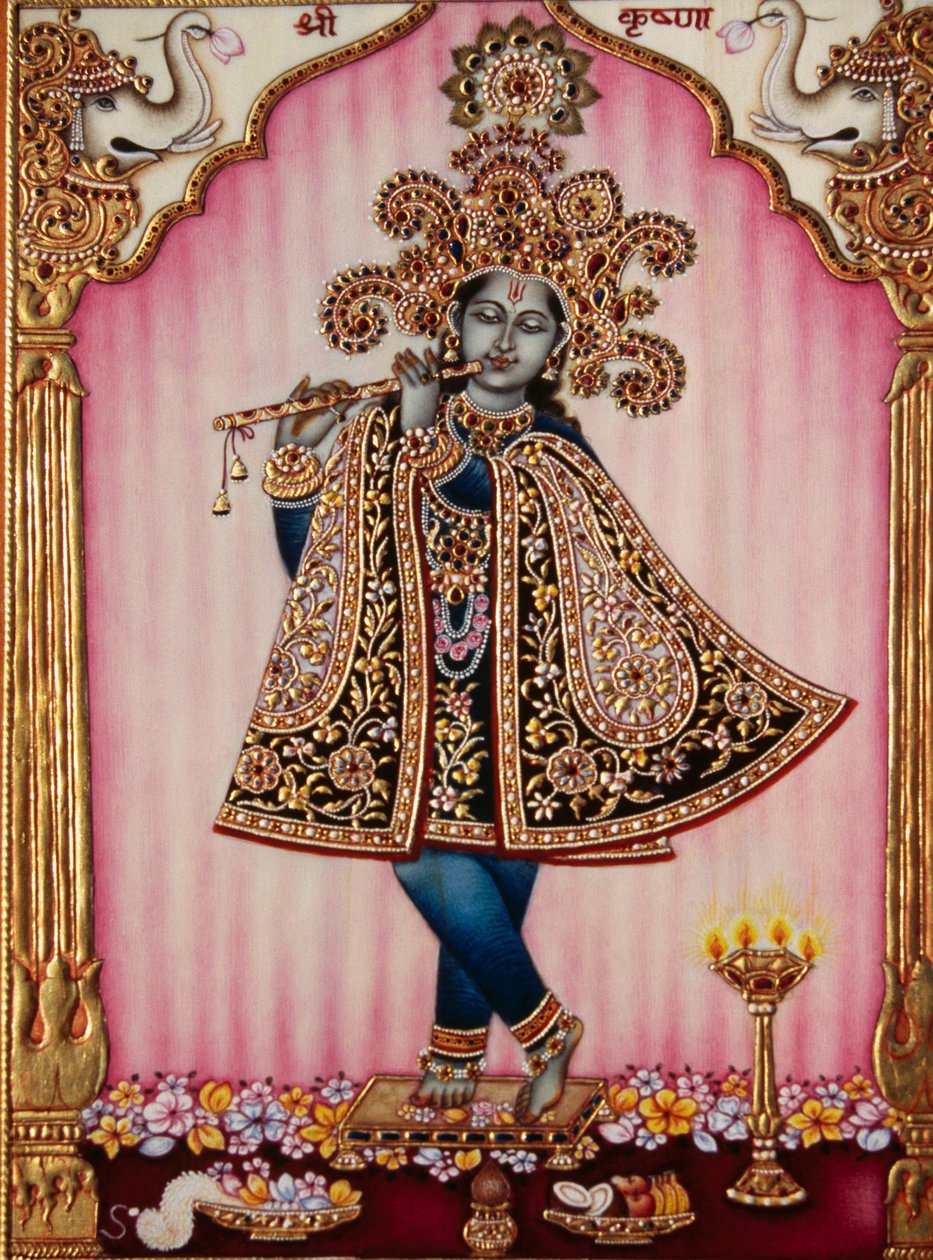 Pintura em miniatura de Lord Krishna sobre marfim de School Indian