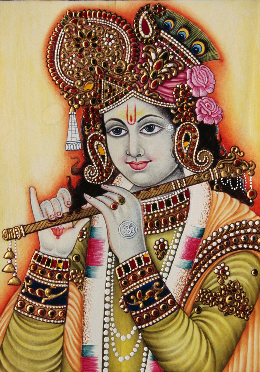 Pintura em miniatura do Senhor Krishna sobre papel de School Indian