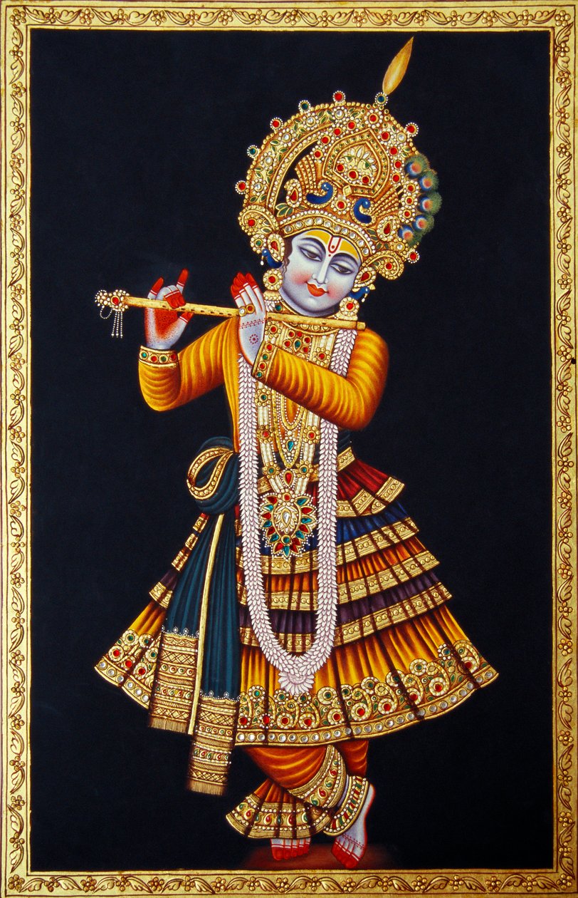 Senhor Krishna a tocar flauta Pintura em miniatura sobre papel de School Indian