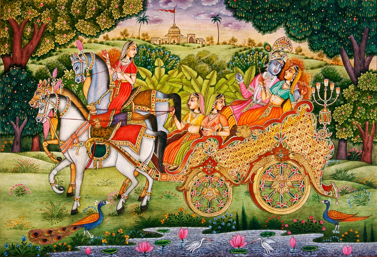Senhor Krishna com Radha Pintura em miniatura sobre papel de School Indian