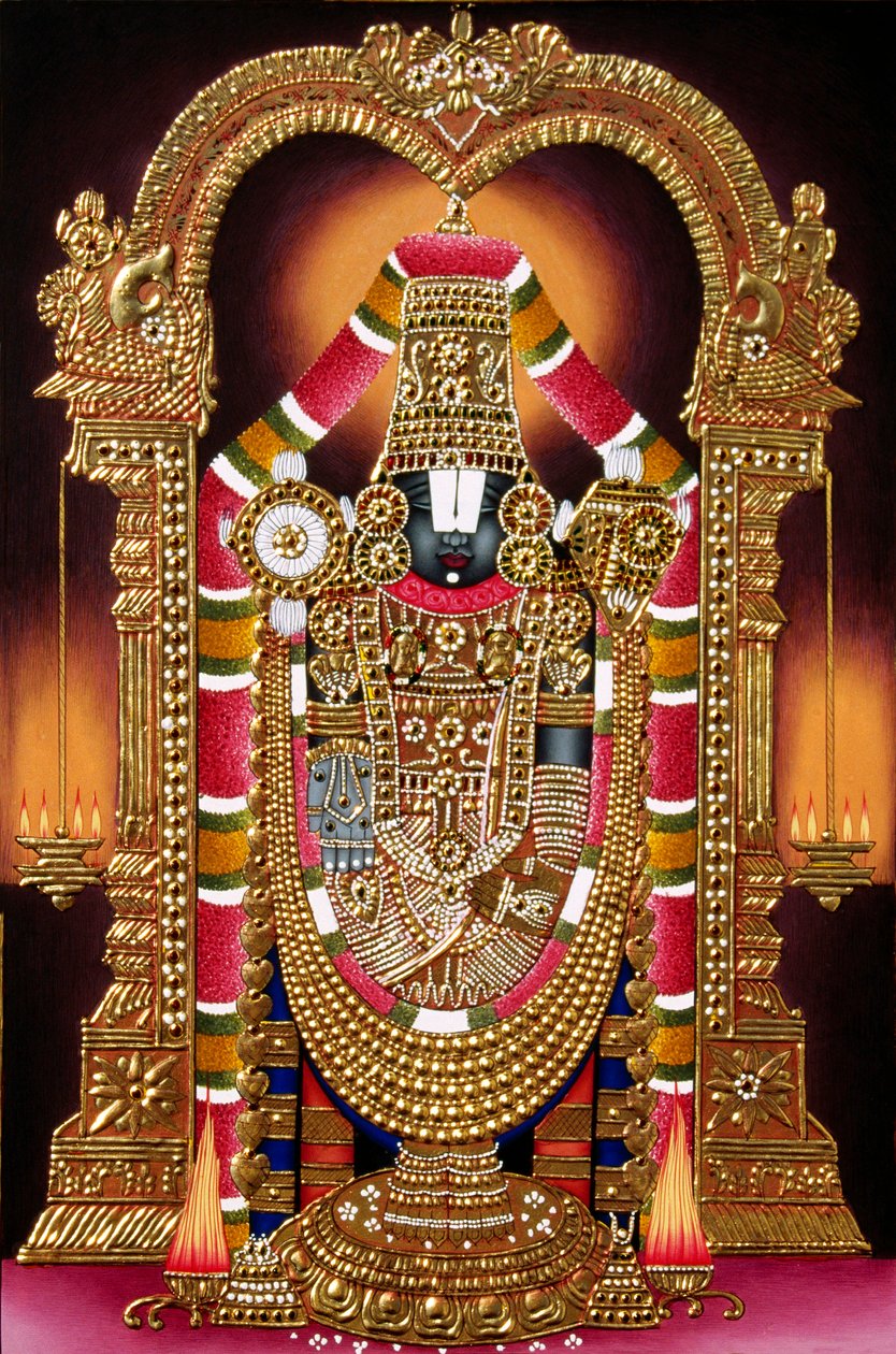 Pintura em miniatura do Senhor Thirupati Balaji em papel com relevo dourado de School Indian