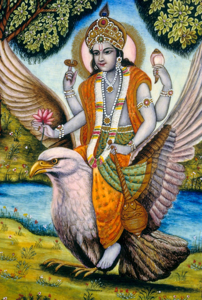 O Senhor Vishnu sentado em Garuda Índia de School Indian