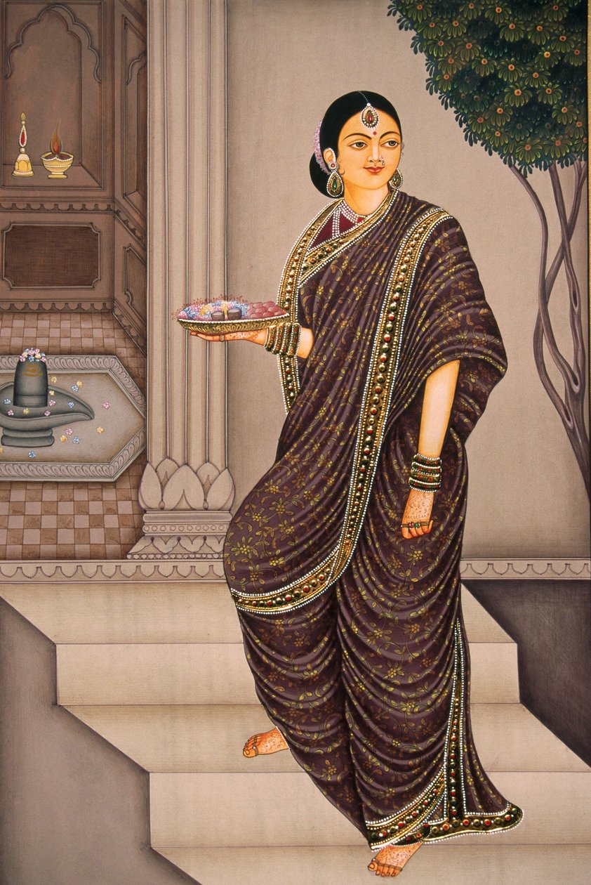 Senhora Marathi que vai ao templo Pintura em miniatura sobre papel de School Indian