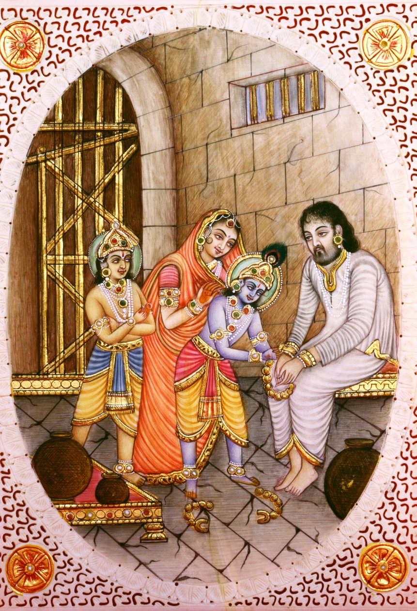 Pintura em marfim em miniatura de Krishna Balram e Devaki Vasudeva de School Indian