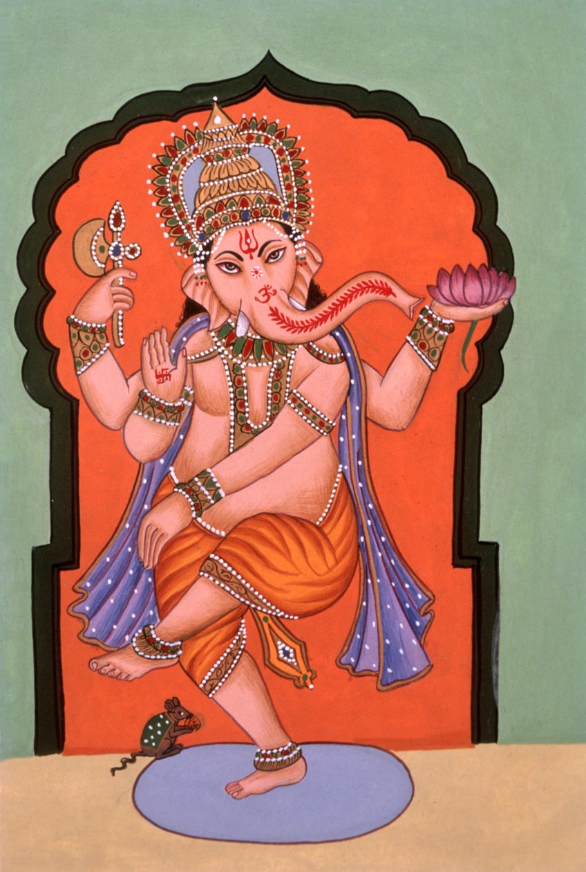 Pintura em miniatura de um Deus Ganesh Ganpati com cabeça de elefante de School Indian
